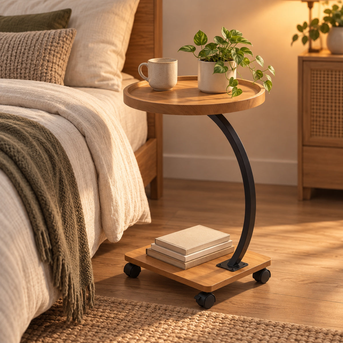 Table d'appoint en C à roulettes, plateau rond effet bois, mis en situation