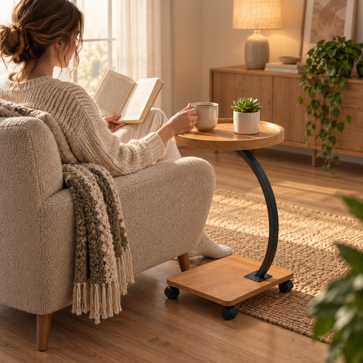 Table d'appoint en C à roulettes, plateau rond effet bois, à l'usage
