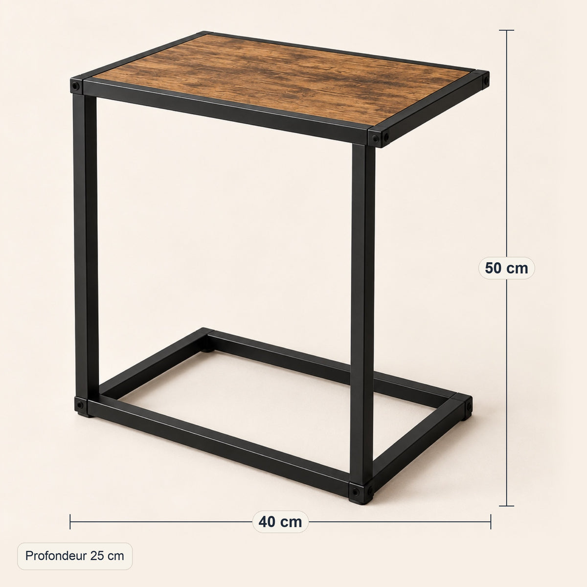 Table d'appoint en C, bois rustique et métal noir, dimensions