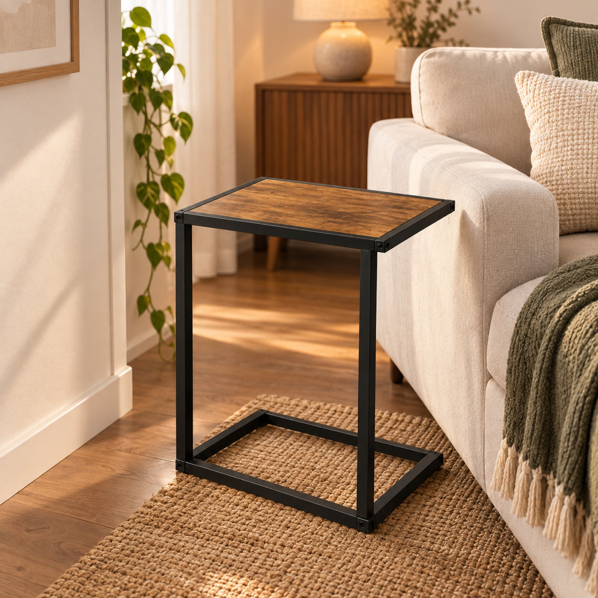 Table d'appoint en C, bois rustique et métal noir, mis en situation