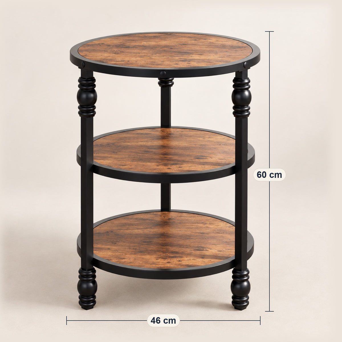 Table d'appoint ronde 3 plateaux, chêne foncé et métal, dimensions