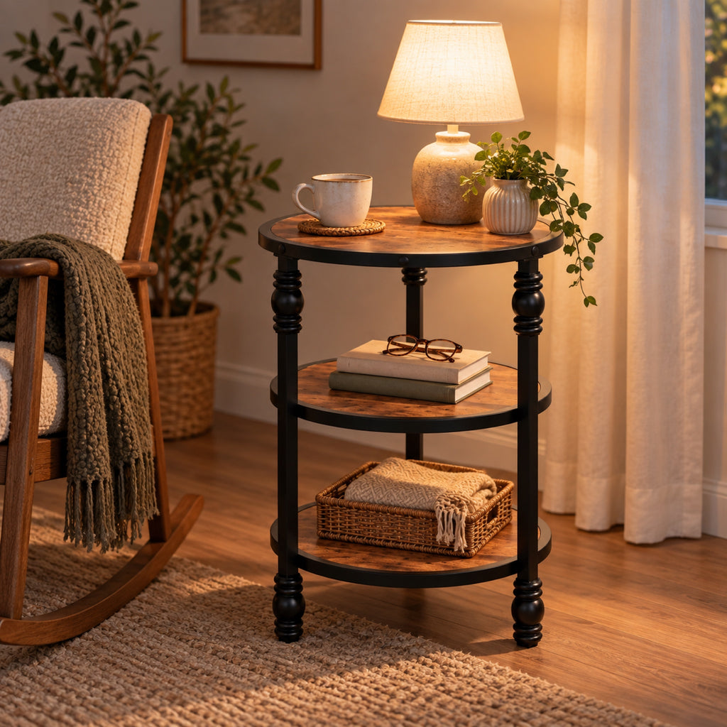 Table d'appoint ronde 3 plateaux, chêne foncé et métal, à l'usage