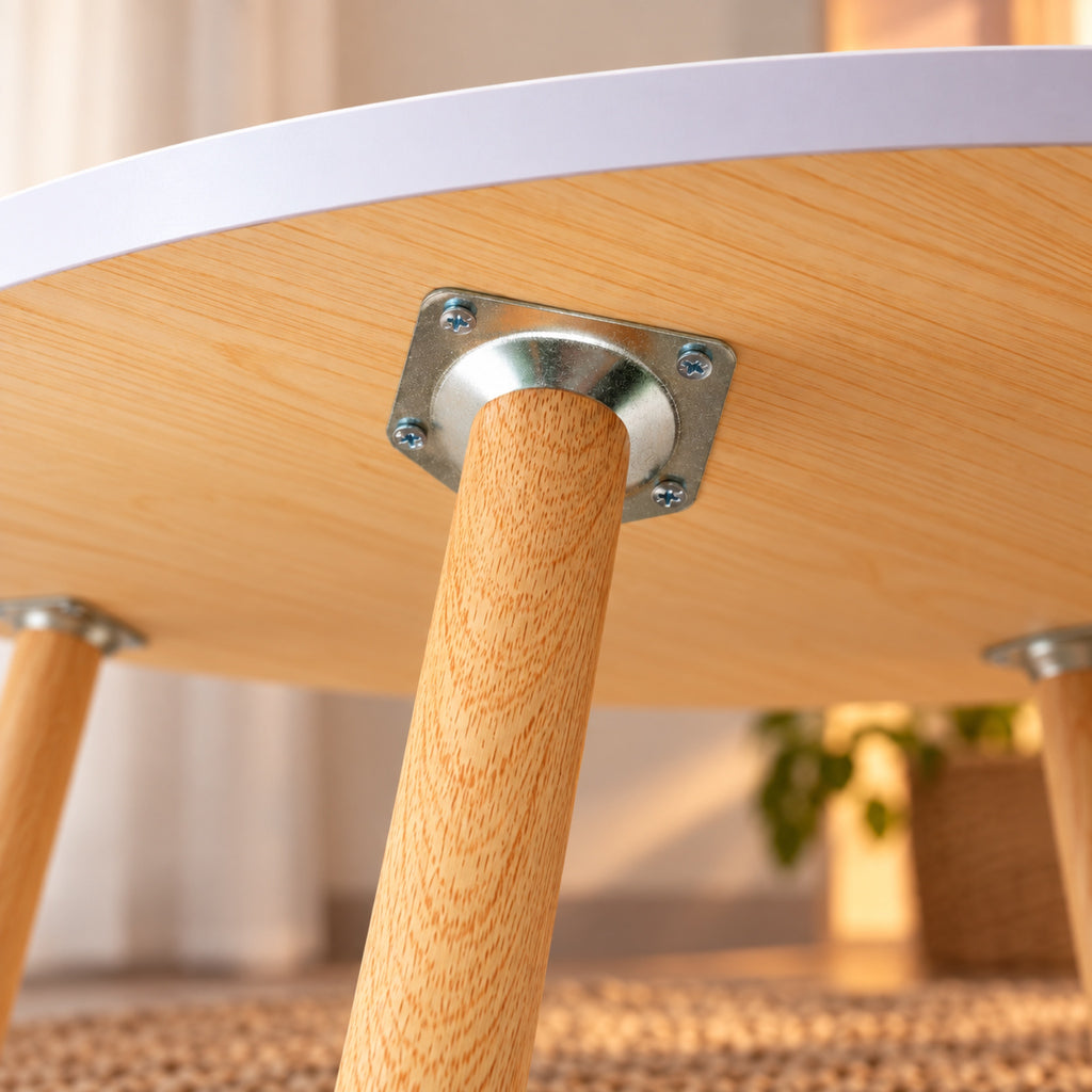 Table d'appoint ronde blanche, pieds bois, Ø 50 cm, détail de fabrication