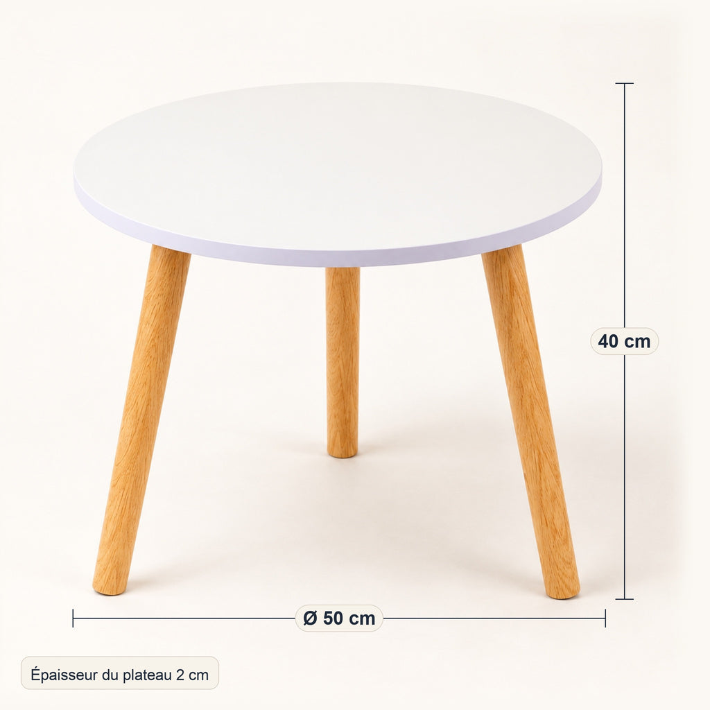 Table d'appoint ronde blanche, pieds bois, Ø 50 cm, dimensions