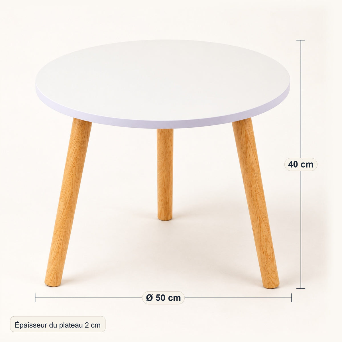 Table d'appoint ronde blanche, pieds bois, Ø 50 cm, dimensions