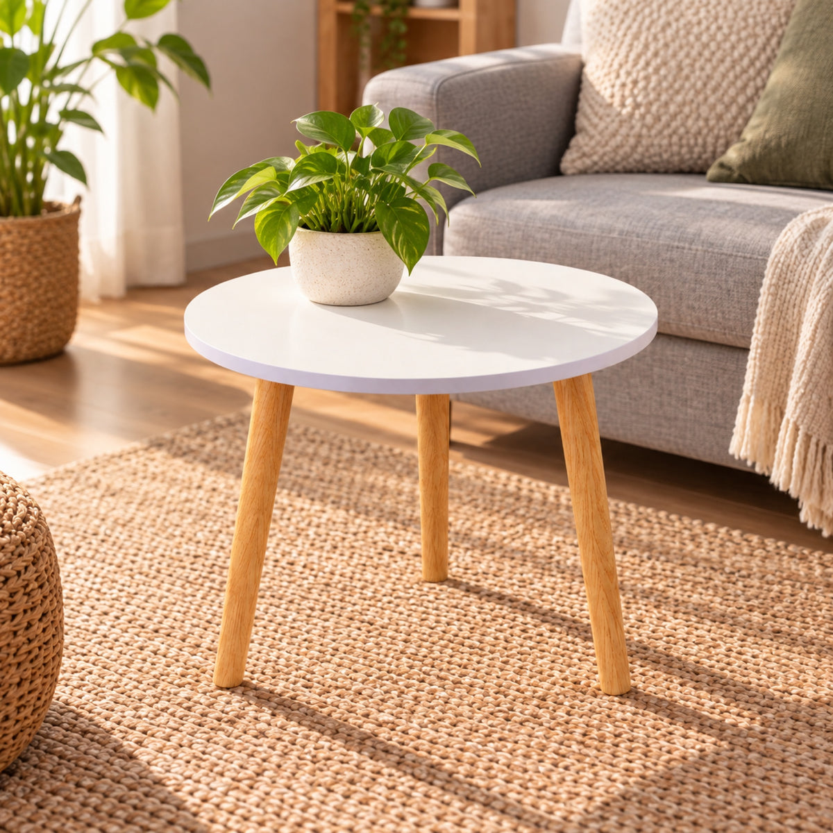 Table d'appoint ronde blanche, pieds bois, Ø 50 cm, mis en situation