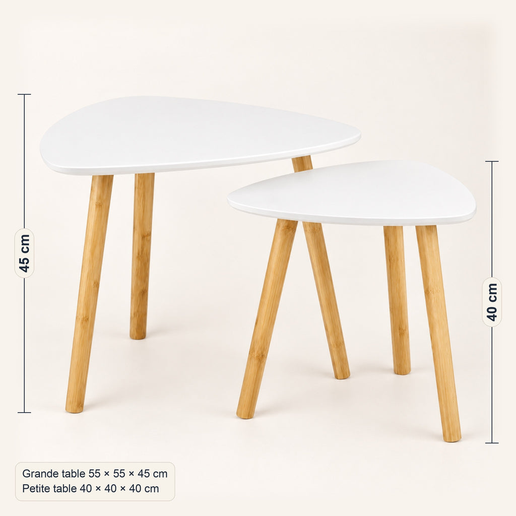 Tables gigognes blanches, pieds bambou (lot de 2), dimensions