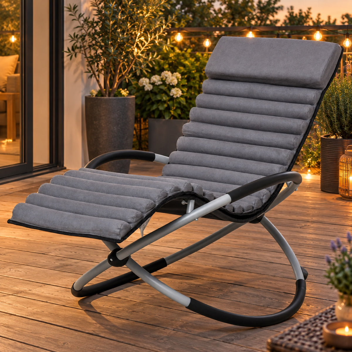 Transat à bascule pliable, matelas gris aspect daim, vue principale