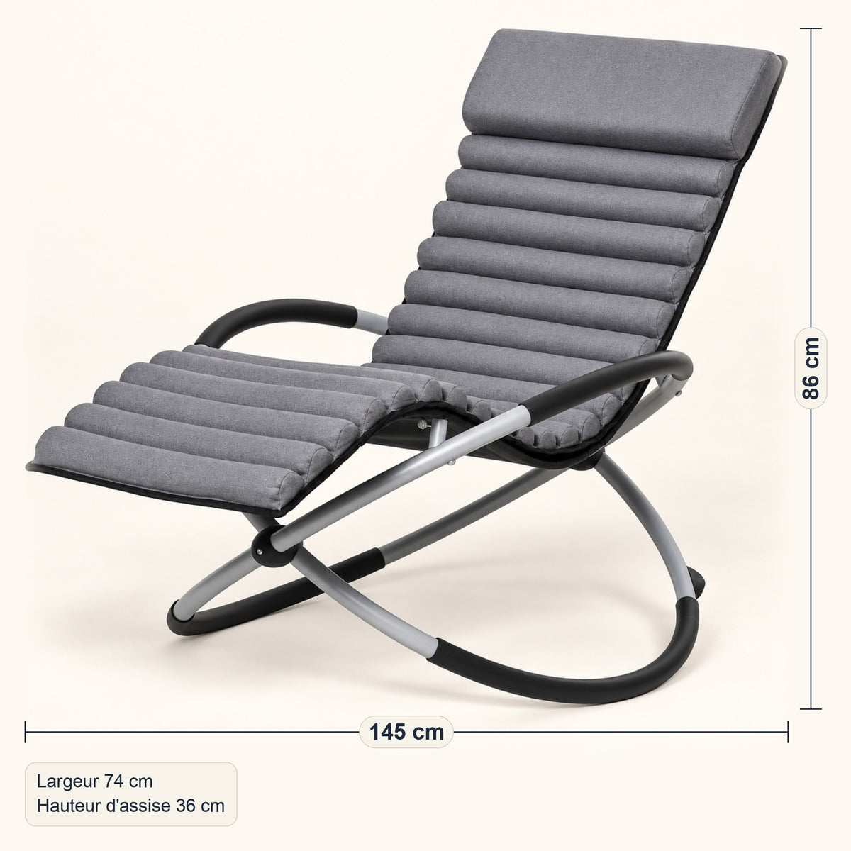 Transat à bascule pliable, matelas gris aspect daim, dimensions