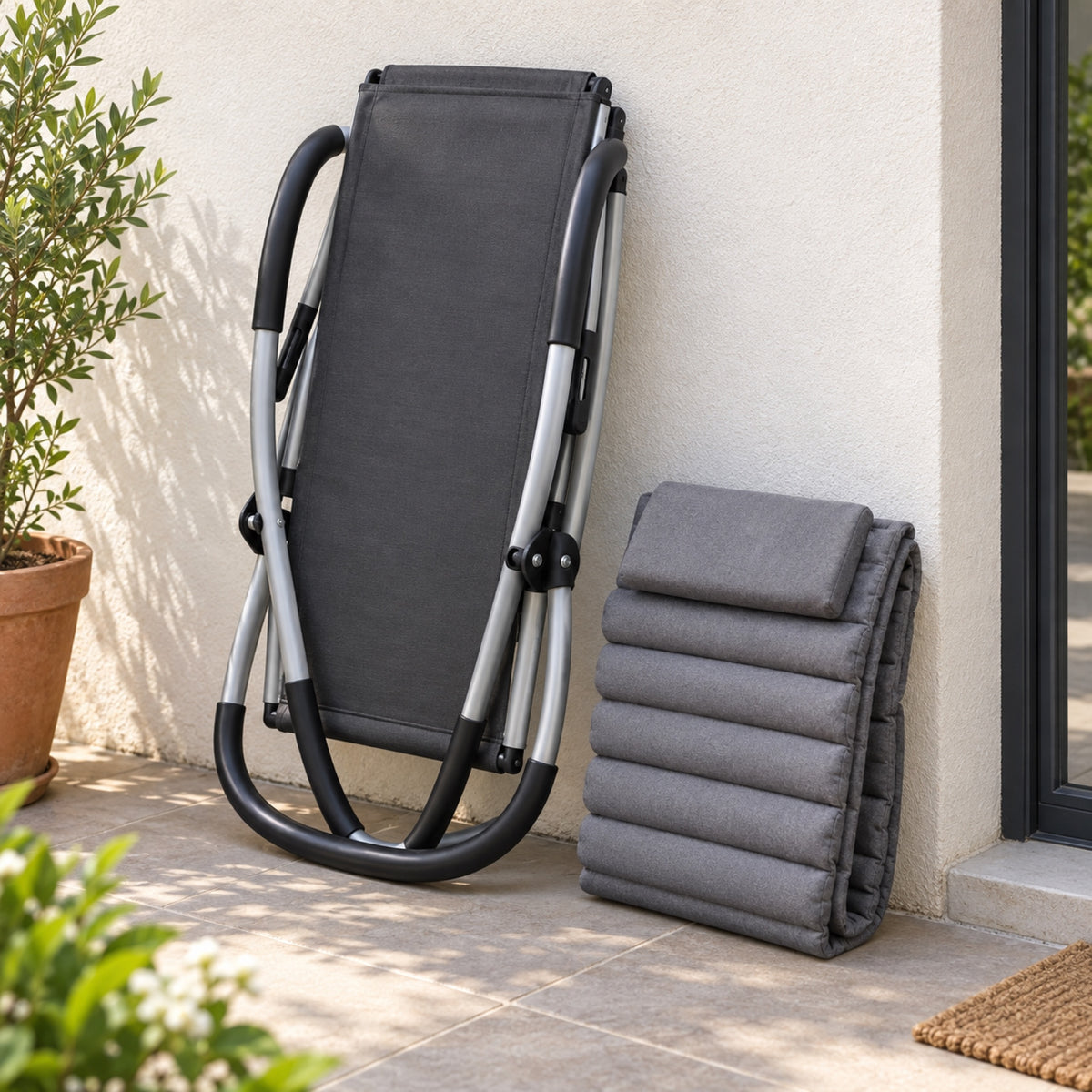 Transat à bascule pliable, matelas gris aspect daim, mis en situation
